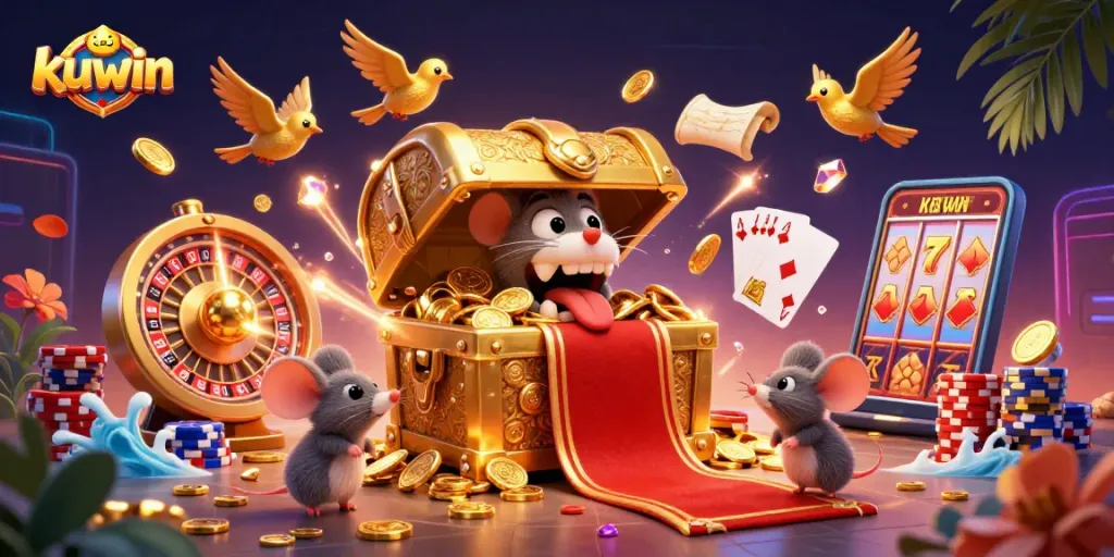 Experience the thrill of kuwin with a vibrant casino scene featuring golden treasures, spinning roulette, and dynamic game elements.
