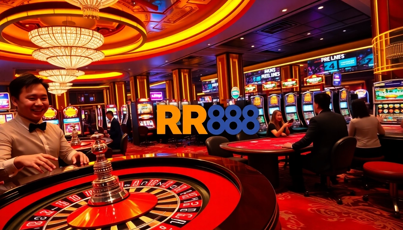 Players enjoying vibrant casino games at RR88, featuring roulette and slot machines.