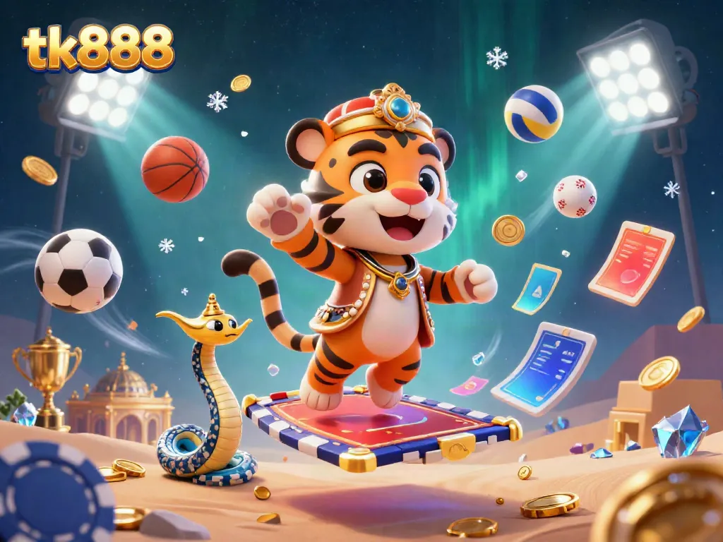 Experience thrilling gameplay with tk888 in this vibrant 3D casino illustration featuring animated characters and game elements.