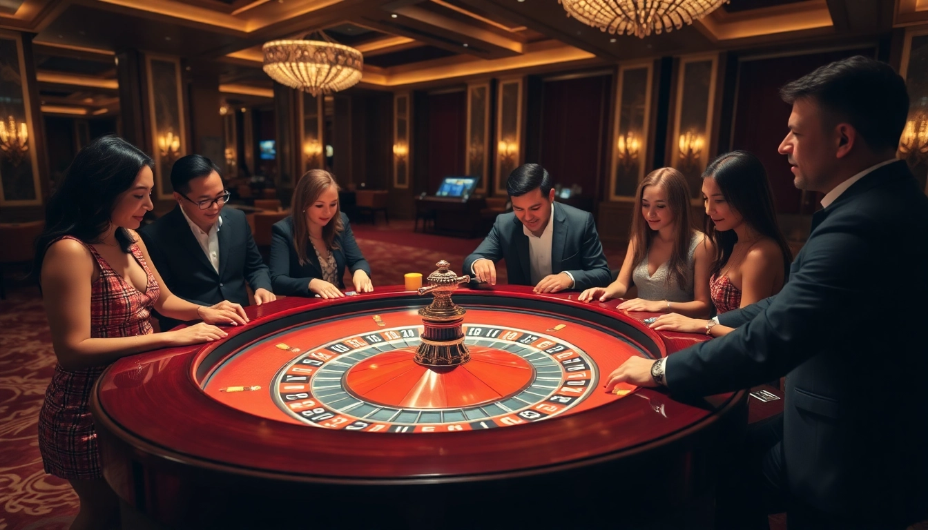 Vibrant casino scene highlighting site casino en ligne with roulette table and engaged guests.