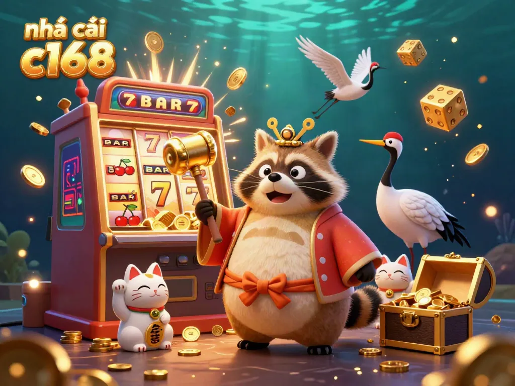 Play vibrant casino games with nhà cái c168, featuring cheerful tanuki and festive symbols.