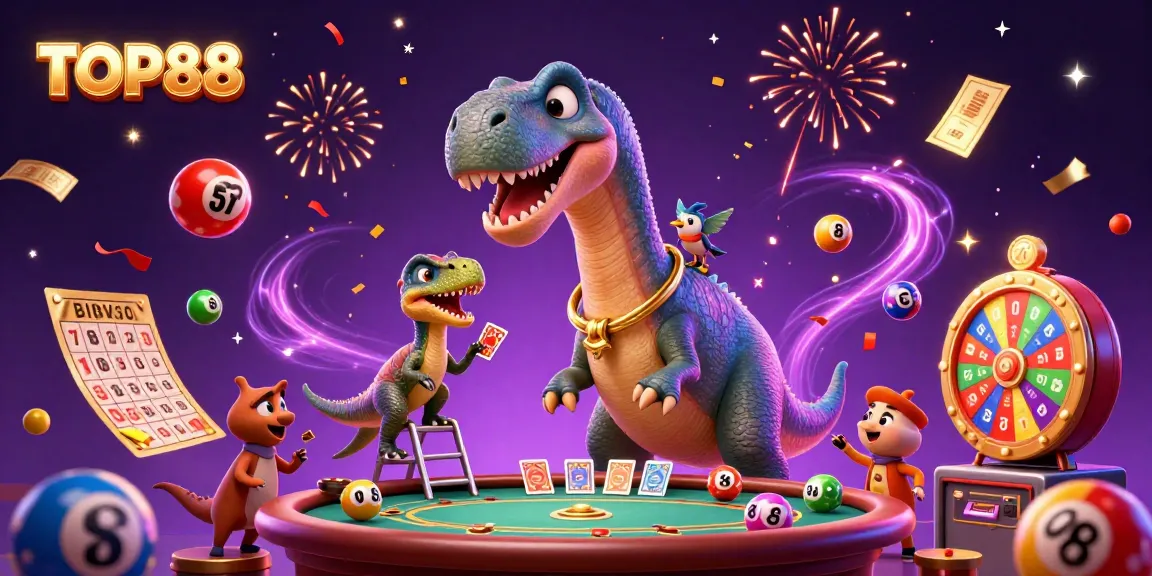 TOP88 offers a vibrant casino scene featuring a brontosaurus and raptor dealing cards.