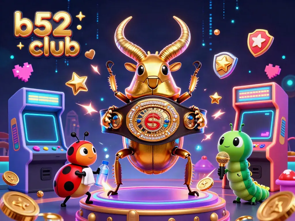 Join the energetic fun at b52 club, where a giant golden stag beetle faces off in a fantastical gaming arena.