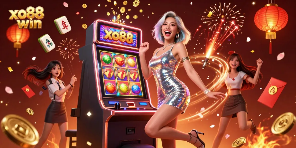 Experience the excitement at xo88 win with a stunning slot machine jackpot celebration surrounded by vibrant casino elements.