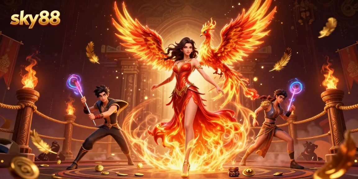 Experience the excitement of sky88 with a vibrant representation of a stunning Asian woman, fiery phoenix, and gambling elements.