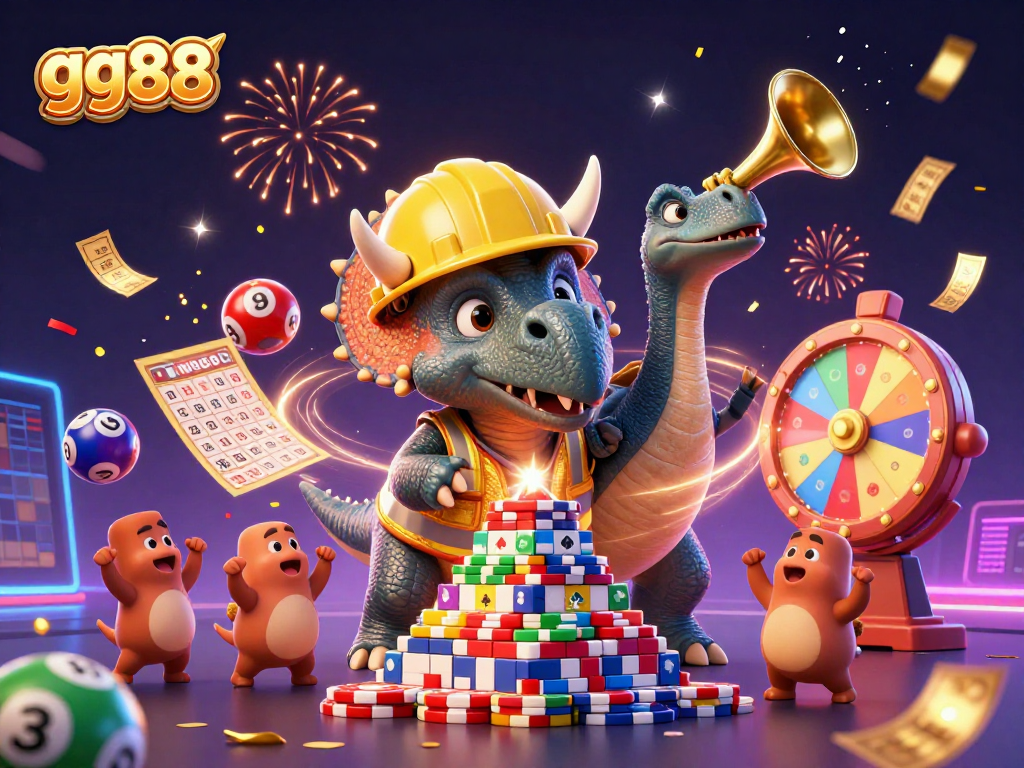 Win big with gg88 while a triceratops builds poker chip pyramids in a vibrant casino scene.