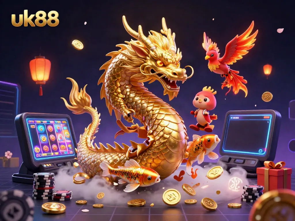 Experience the excitement of uk88 with a golden dragon and vibrant casino games, illustrating a thrilling gambling atmosphere.