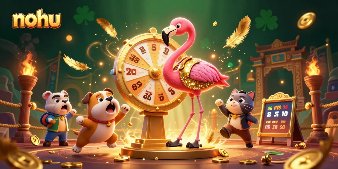 Nohu gameplay scene featuring a golden prize wheel and animated characters celebrating wins in a lively casino atmosphere.
