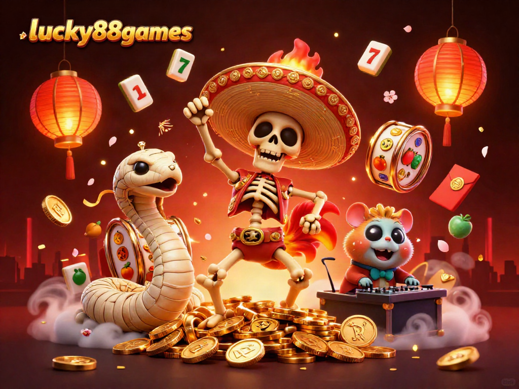 Experience the excitement of lucky88games with a vibrant casino scene featuring a dancing mariachi rooster and fortune elements.