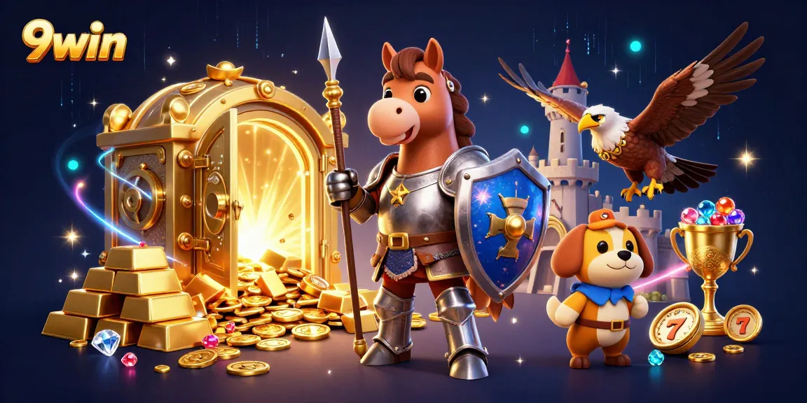 9win’s ultra-detailed 3D illustration capturing a medieval knight and treasures in a captivating casino setting.