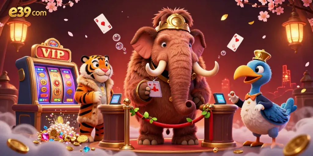 Engage in thrilling casino adventures with e39 com featuring a woolly mammoth bouncer checking IDs amidst vibrant game elements.