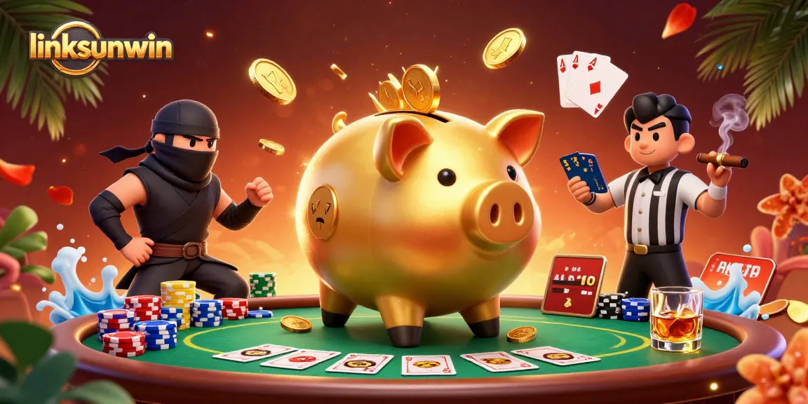 Experience the excitement of linksunwin with a dynamic illustration of gambling characters and vibrant casino elements.