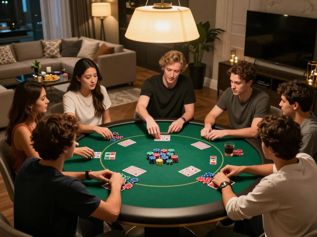 Hitclub players enjoying a home poker night with chips and cards, depicting a social gambling atmosphere.
