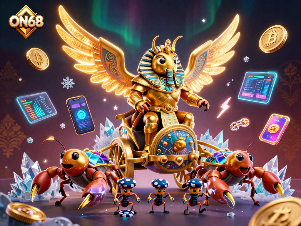 Experience thrilling casino action with ON68, featuring a colossal scarab beetle in pharaoh armor.
