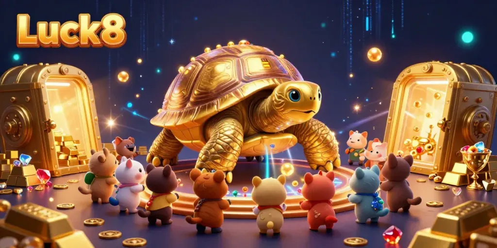 Experience thrilling gameplay at Luck8 with exciting casino themed illustration showcasing a dynamic scene of a golden tortoise pinball machine.