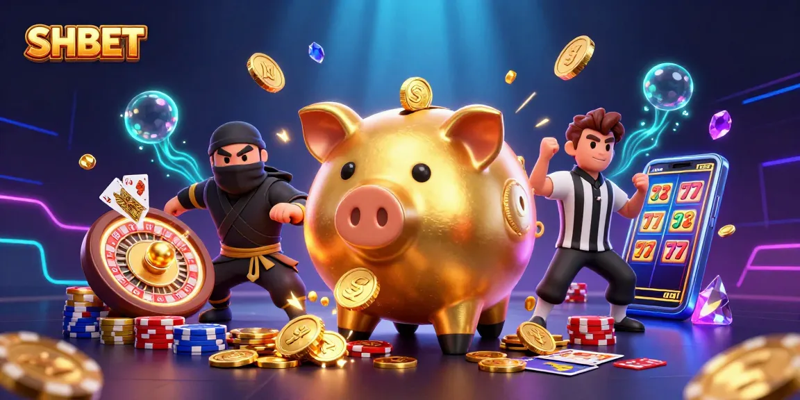 Experience thrilling wins at SHBET with a golden piggy bank sumo wrestler and action-packed casino elements.