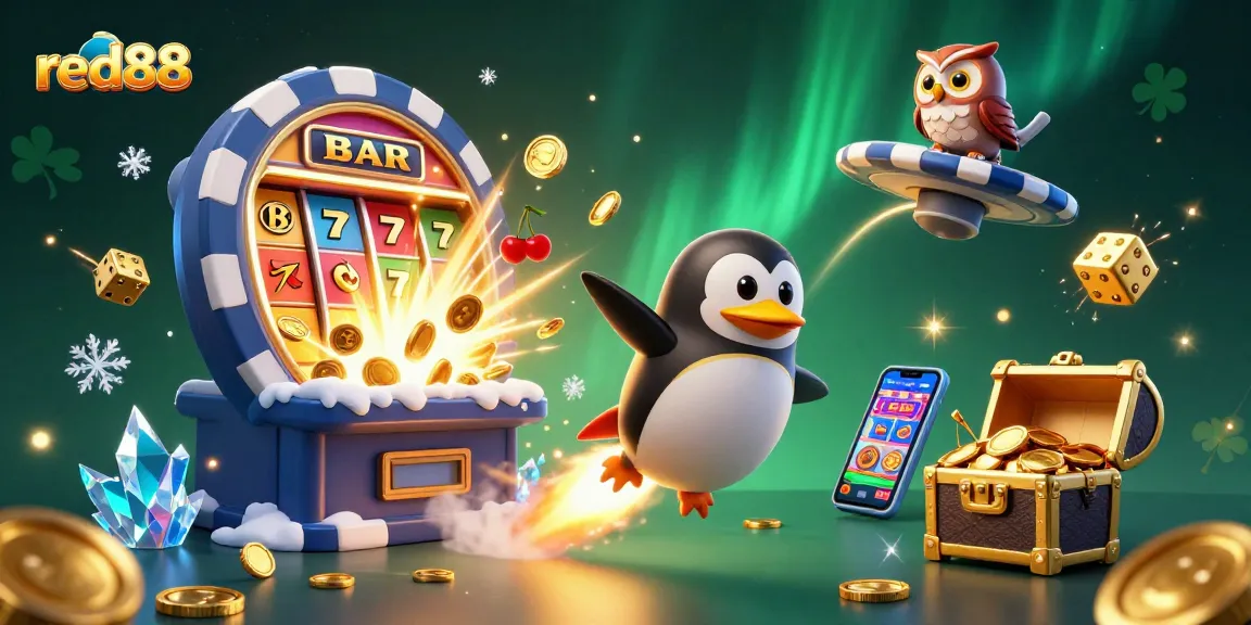 Experience dynamic entertainment with red88 featuring a golden penguin and jackpot elements in a casino theme.