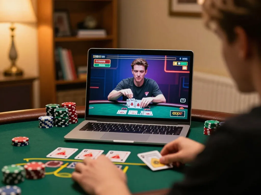 Player enjoying cm88 live dealer blackjack on a laptop, showing an engaging and strategic gambling experience.