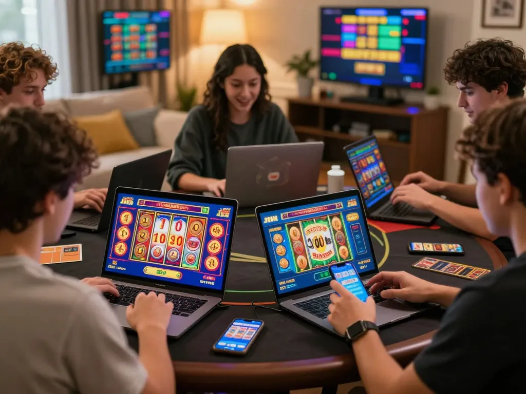 Engaged players enjoying JJNN's online slots with vibrant graphics in a cozy gaming space.