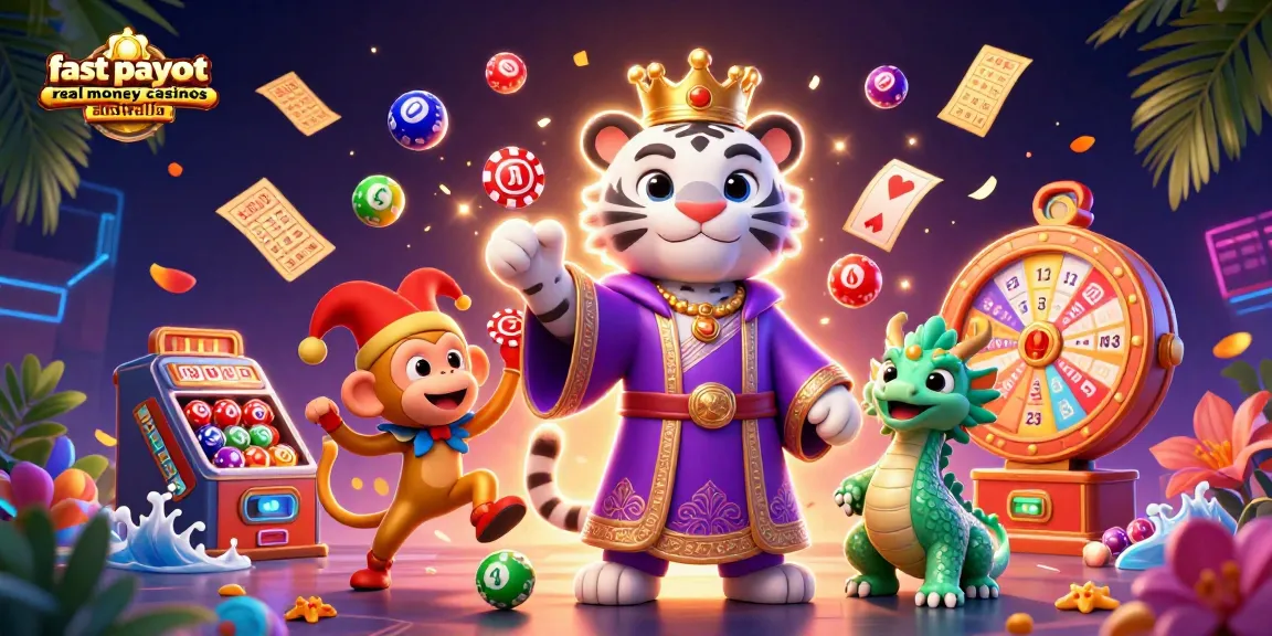 Experience fast payout real money casinos Australia with vibrant casino characters and lively game elements.