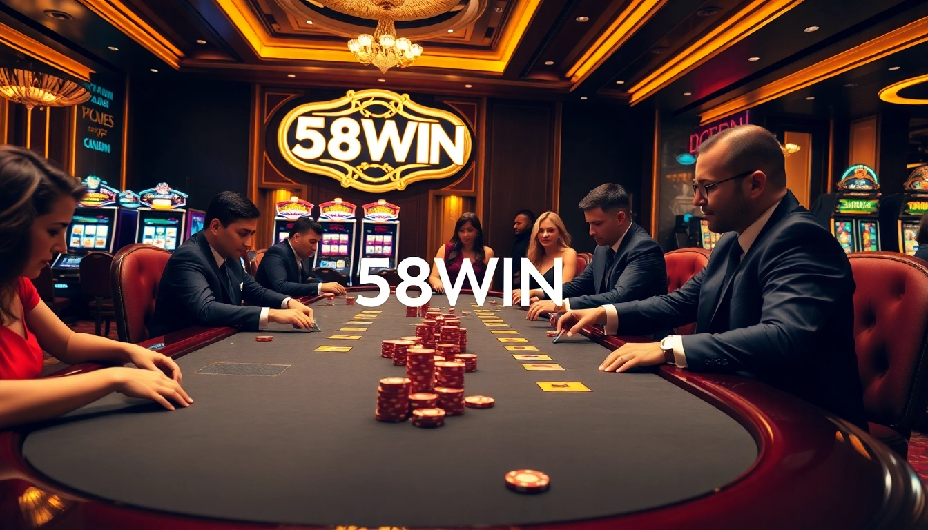 Players at 58WIN's luxurious casino poker table experiencing thrilling moments of high stakes.