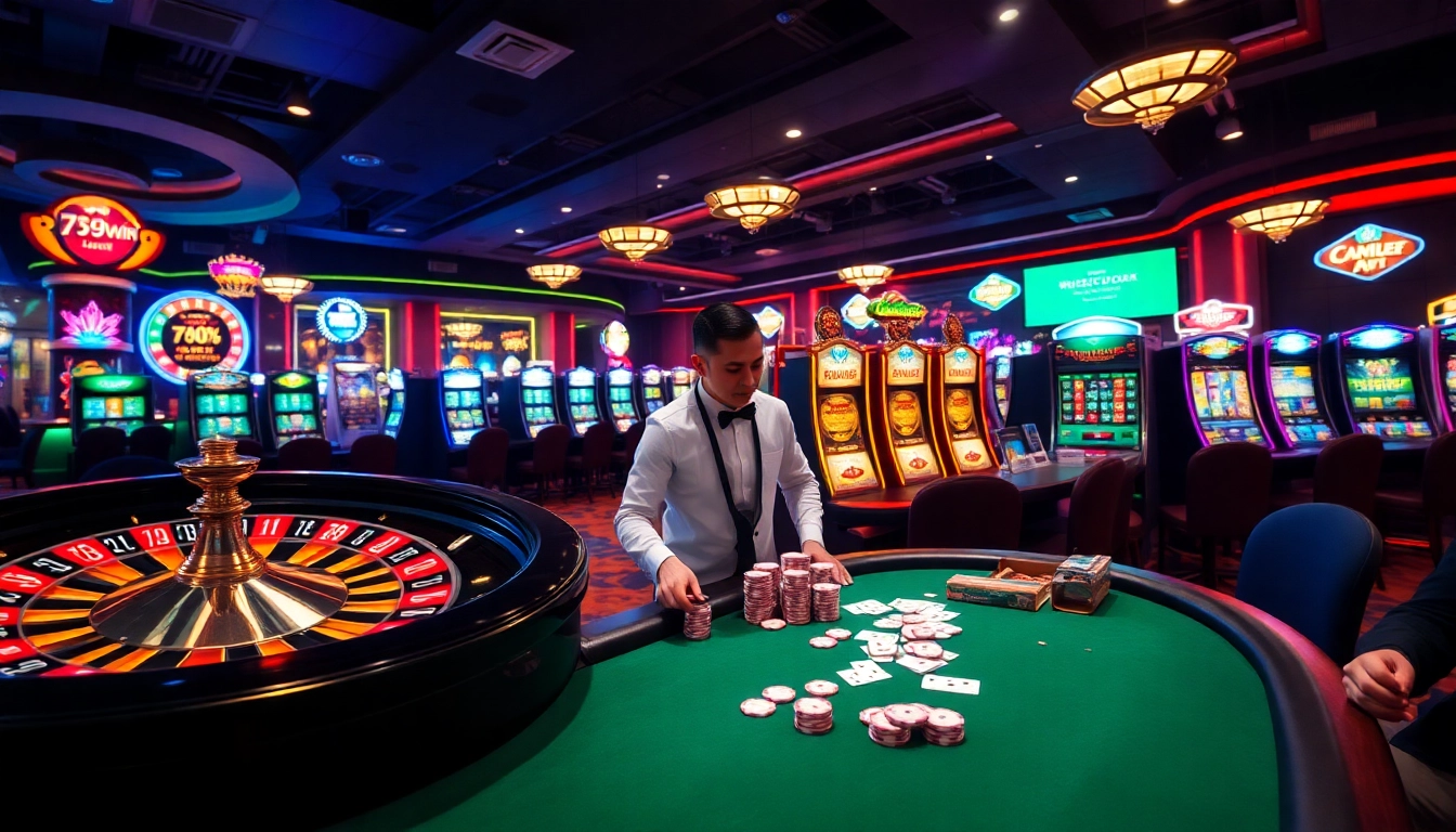 Exciting casino scene at 789win featuring vibrant slot machines and a roulette wheel.