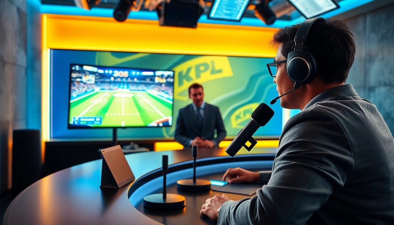 Engaging scene of sports broadcasting with a host and dynamic highlights screen.