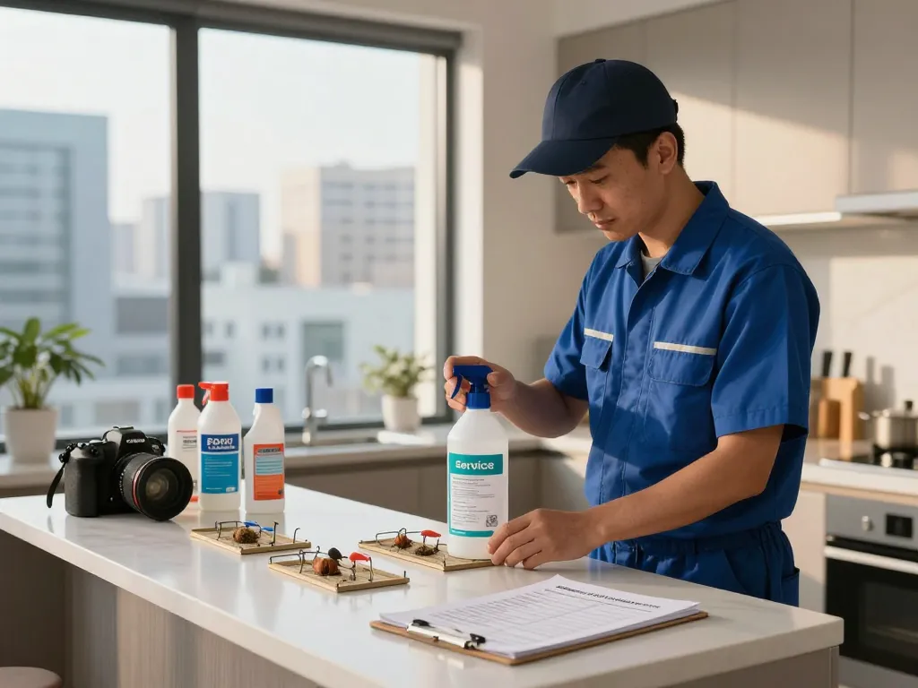 Dedetizadora technician applying eco-friendly pest control solutions in an urban kitchen setting.