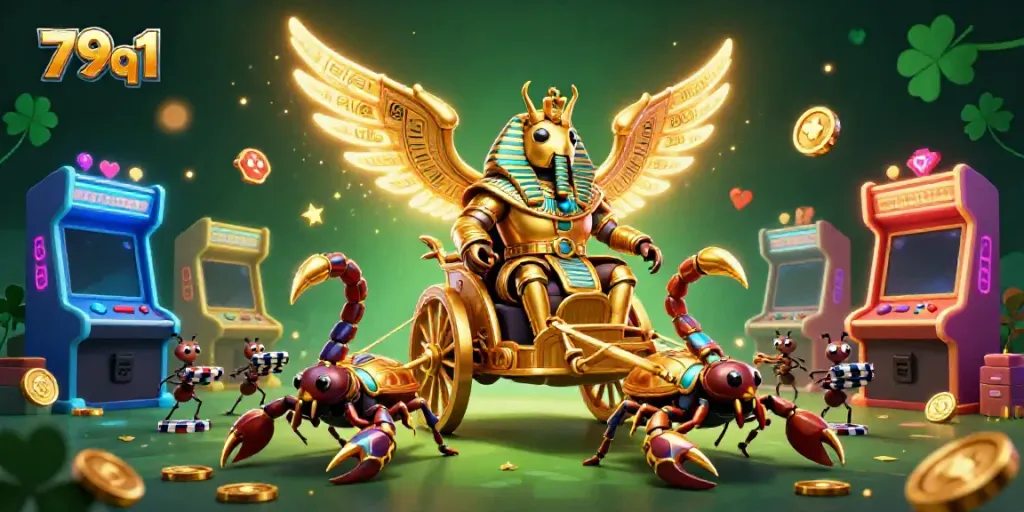 Engage with the vibrant world of 79q1 as a golden scarab beetle leads a chariot through a colorful casino gaming scene.