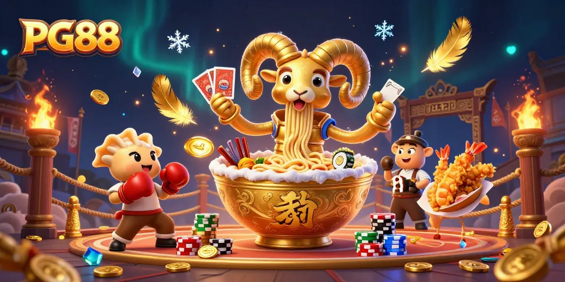 PG88 showcases an exhilarating casino adventure with a golden ramen bowl dealer, captivating players in action.