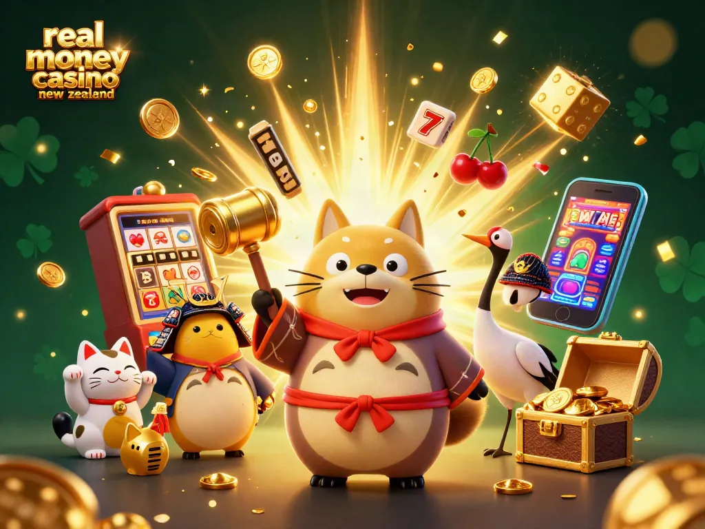 Engage with real money casino new zealand through an exciting 3D illustration of tanuki and casino elements.