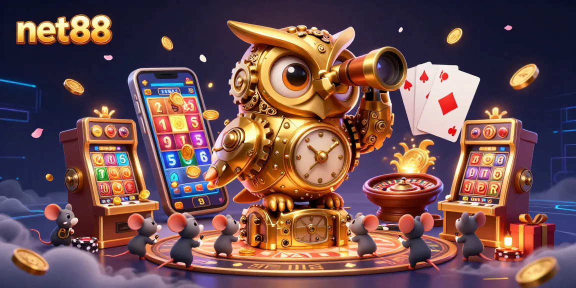 Experience excitement with net88's animated casino scene featuring a clockwork owl and vibrant game elements.