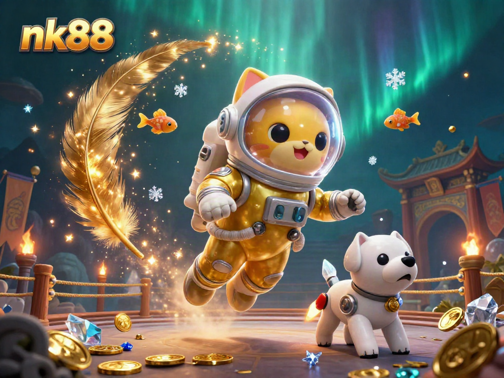 Engage with nk88's vibrant casino experience featuring a cosmic astronaut cat amidst thrilling game elements.