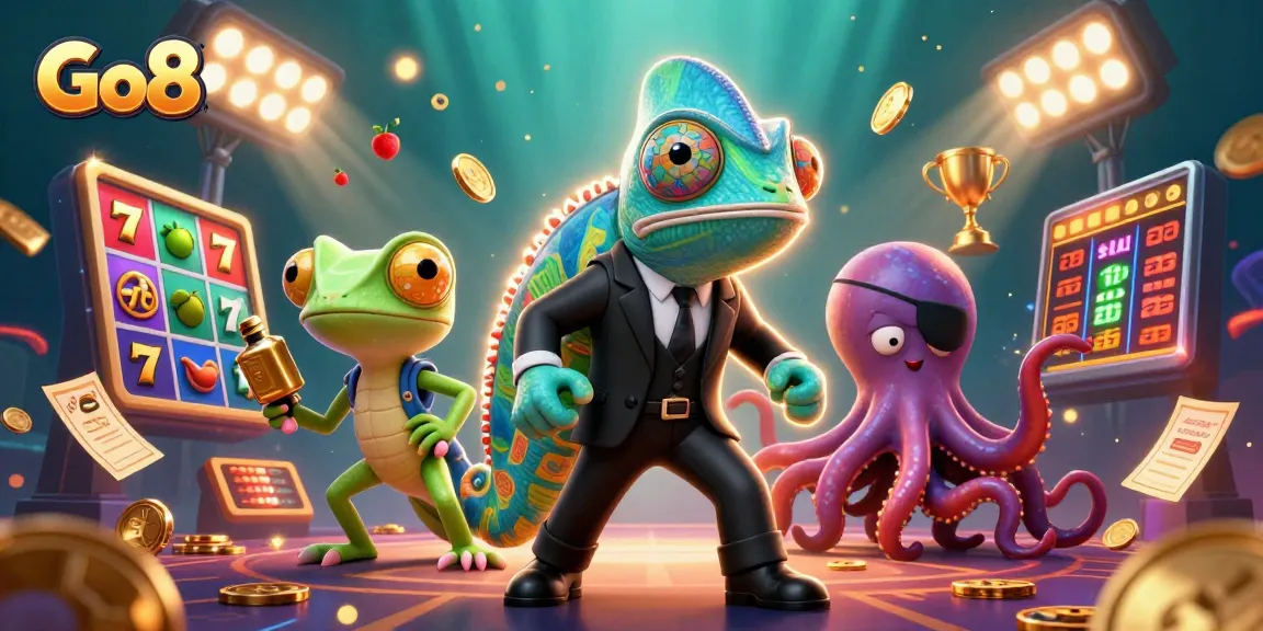 Go8 gaming illustration showcasing dynamic slots, a chameleon, and vibrant casino elements in action.