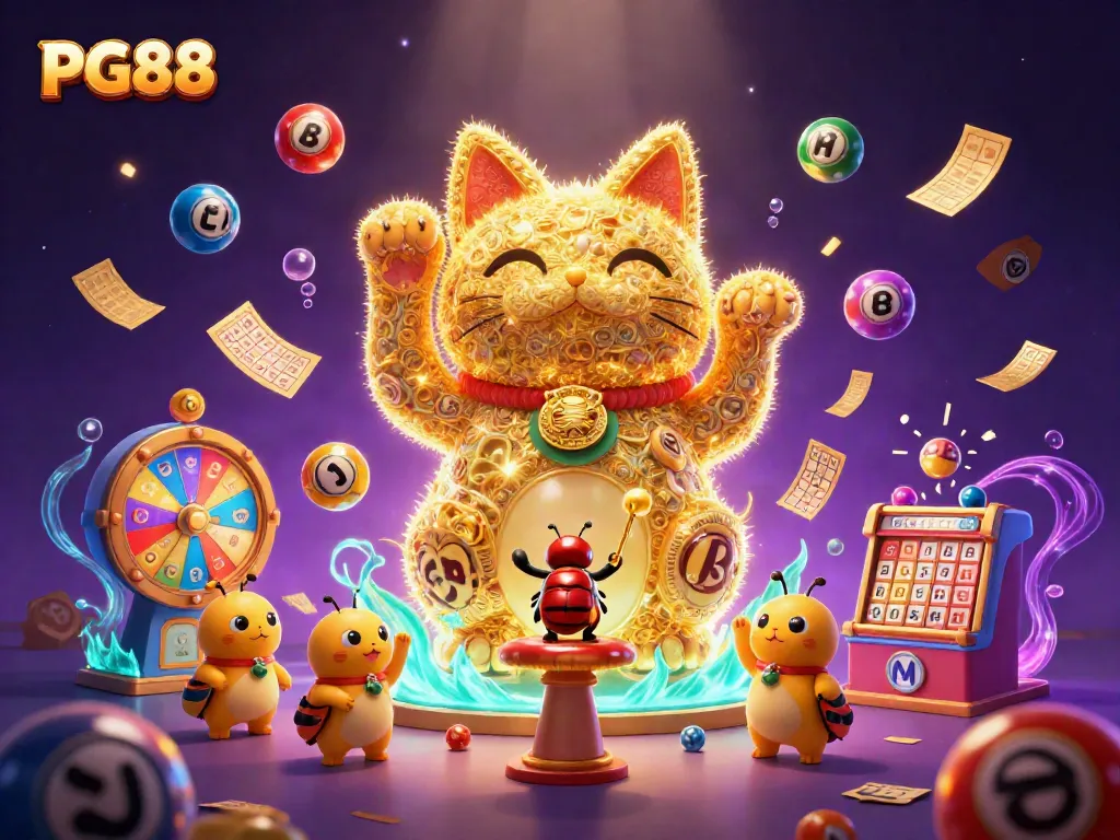 Playful PG88 lucky cat animated with casino symbols amidst vibrant games like bingo and lottery.