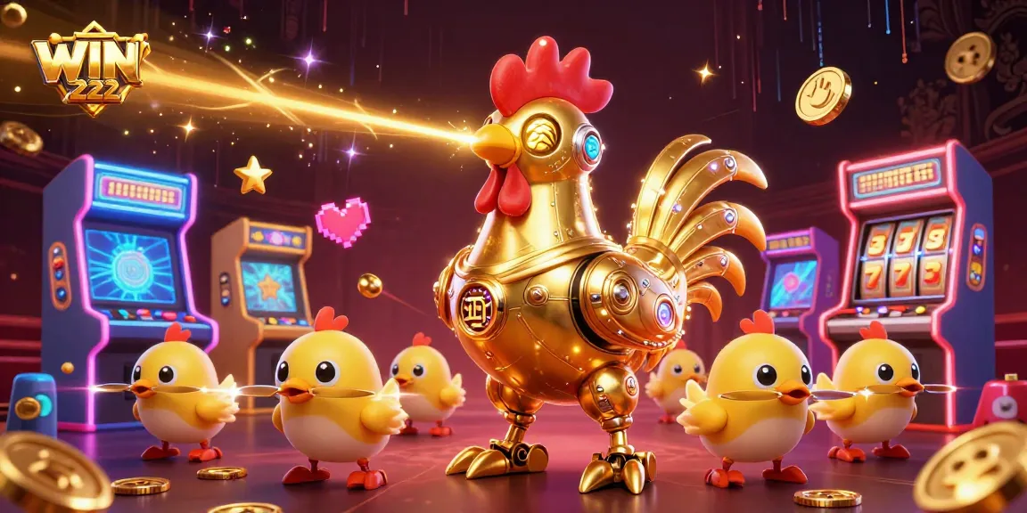 Experience thrilling gameplay with WIN222's vibrant casino elements, featuring a golden rooster robot and dynamic game visuals.