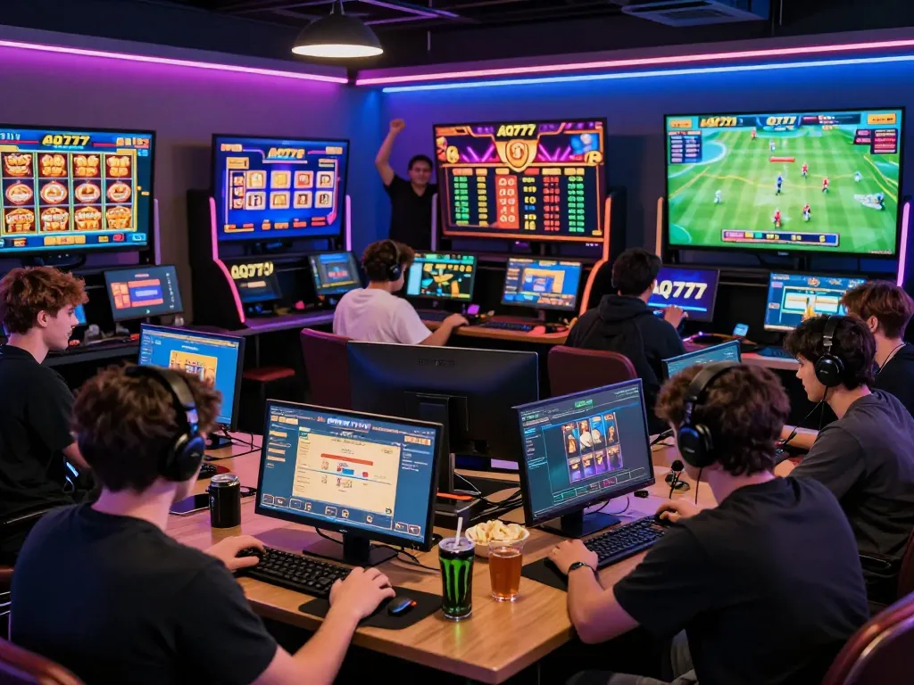 Players engaged in various online games on AQ777 platform with vibrant atmosphere.