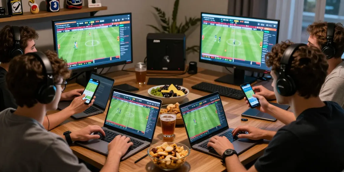 Friends engaged in nhan dinh keo nha cai while analyzing football match statistics at a lively online gaming interface.