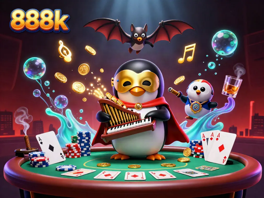 Experience the excitement of 888k with a penguin playing a golden organ, surrounded by poker elements.