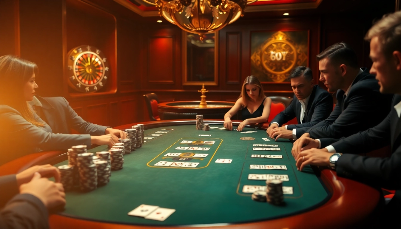 Participe de jogos de pôquer de alto risco em um cassino luxuoso 69Y, com fichas vibrantes e cartas.