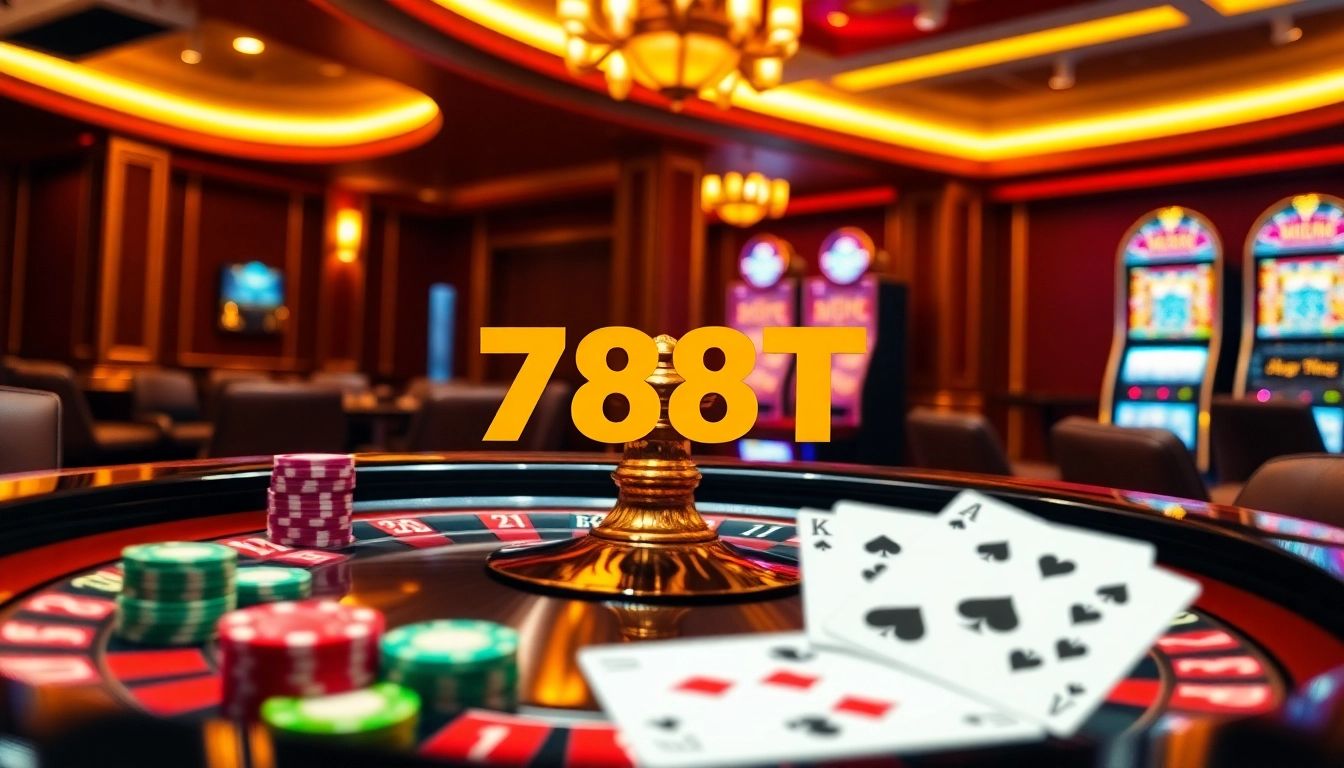 Players engaging in online gambling with the 788t platform amidst luxurious casino elements.