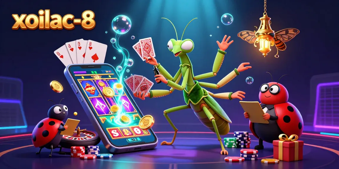 Xoilac-8 showcases an engaging scene with a praying mantis and ladybug in a lively casino, revealing vibrant games.