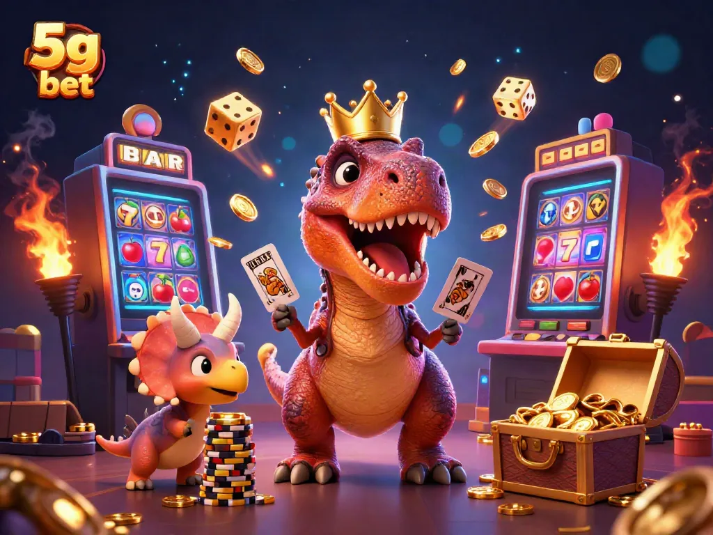 Experience the excitement of 5g bet with a charming T-Rex, dynamic casino elements, and vibrant gaming atmosphere.