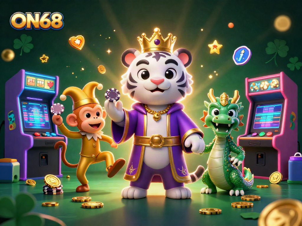 Join ON68 for an exciting gaming adventure with a playful poker scene featuring vibrant casino elements.