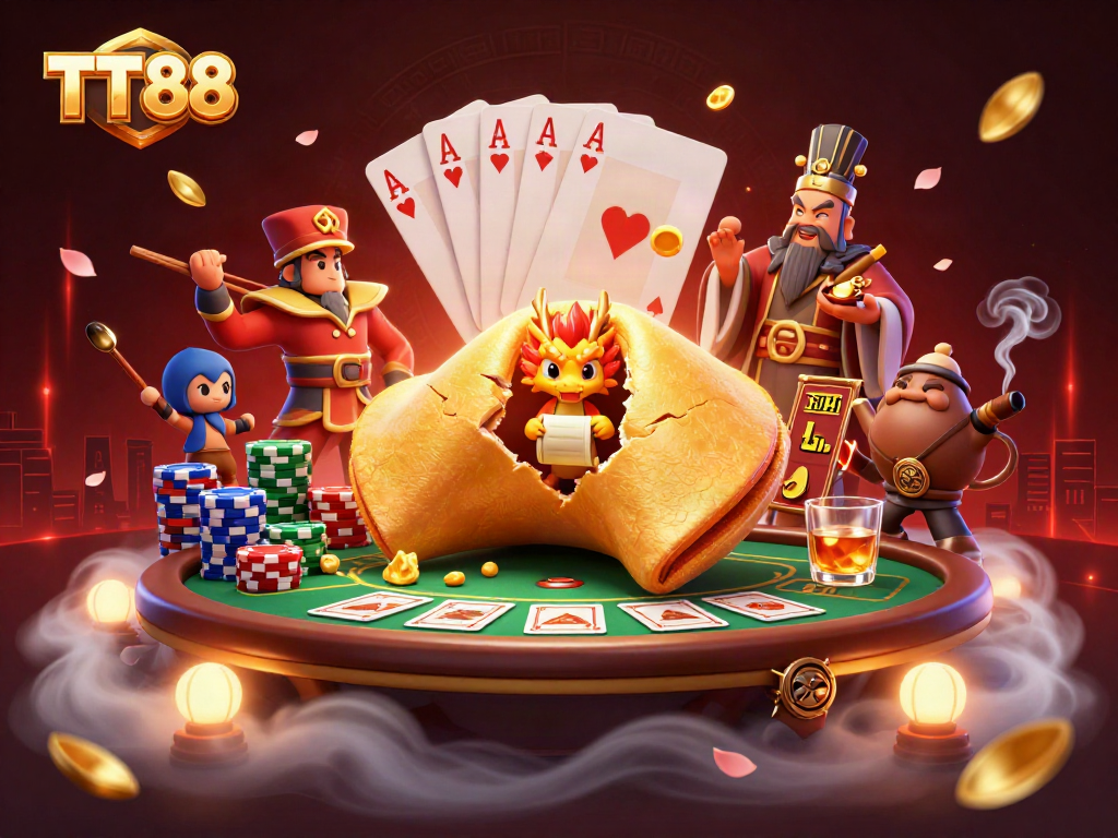 Experience TT88 excitement with a vibrant 3D casino scene featuring poker elements and whimsical characters.