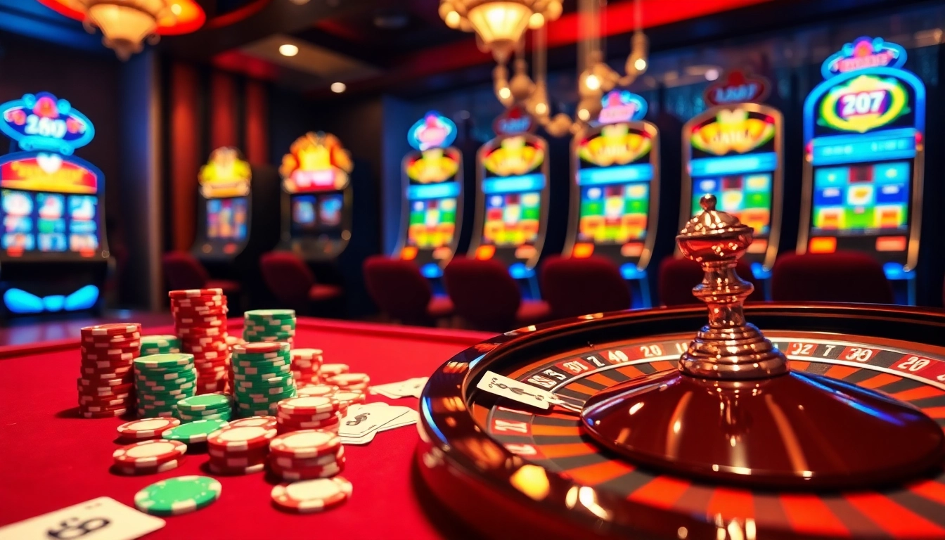 Engage in the excitement of da88 bet with vibrant casino tables, poker chips, and a roulette wheel.