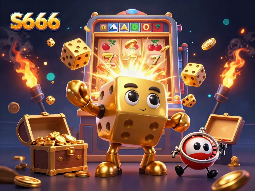 Experience the thrill of s6 66 with an extravagant casino scene featuring a golden dice golem and dynamic slot elements.