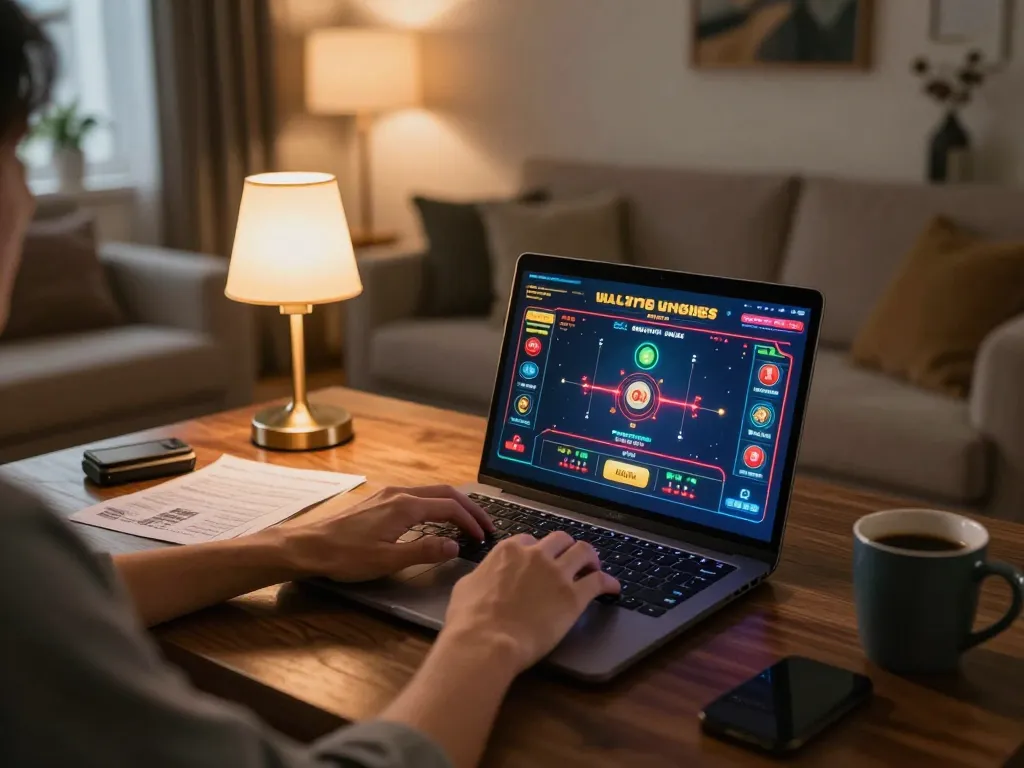 Engaged player at nhà cái VIC88 online casino on a laptop with vibrant game interface.
