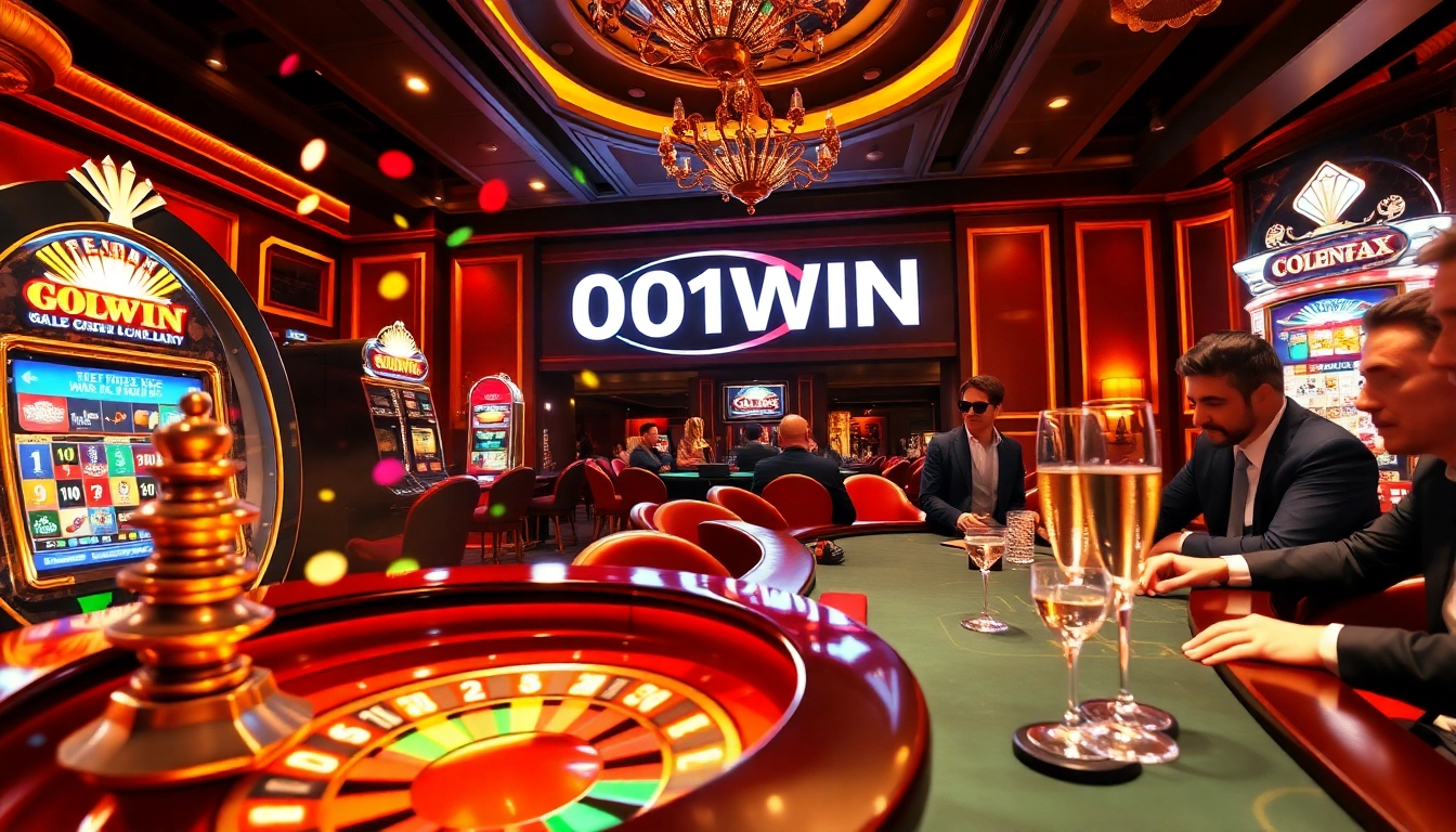 Cena vibrante de jogos de azar com jogadores na roleta e na máquina caça-níqueis da 001WIN.
