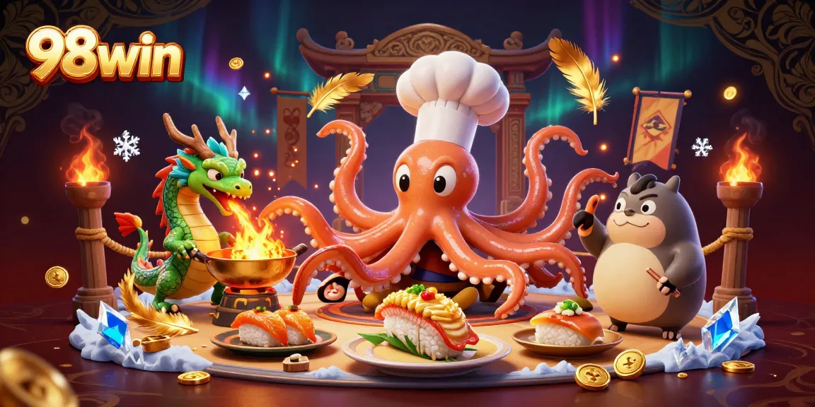 Engage with exciting 98win casino adventures featuring a chef octopus and dragon in action.